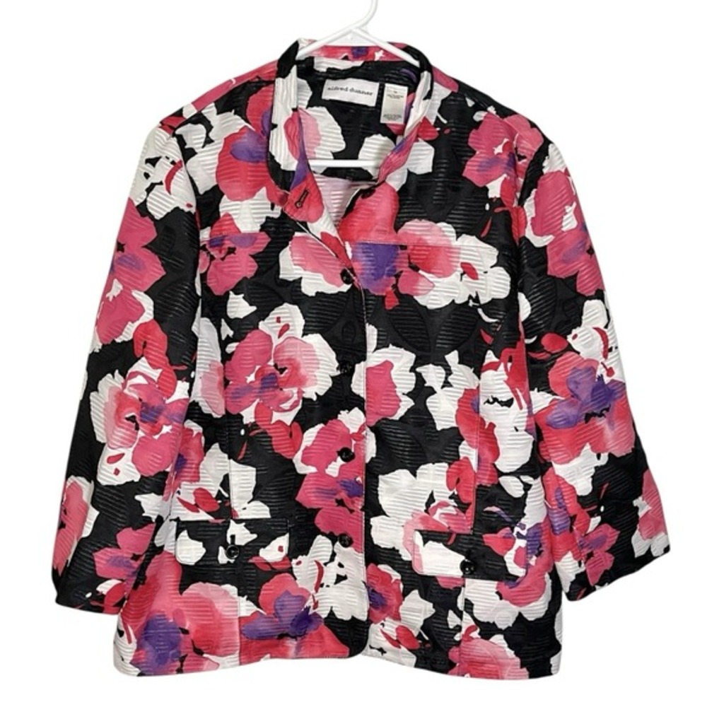 Alfred Dunner‎ 14 Pink Black Floral Button Front Jacket Textured Grannycore